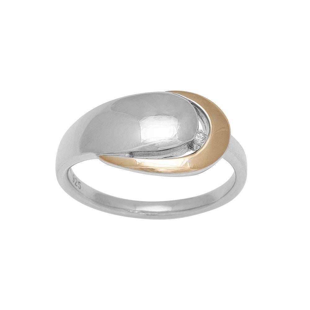 Rh. silver ring w/dia 0.02ct w/p and 8kt. gold