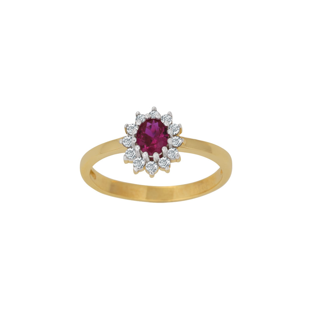 8ct. gold ring  w/synt. ruby and cz