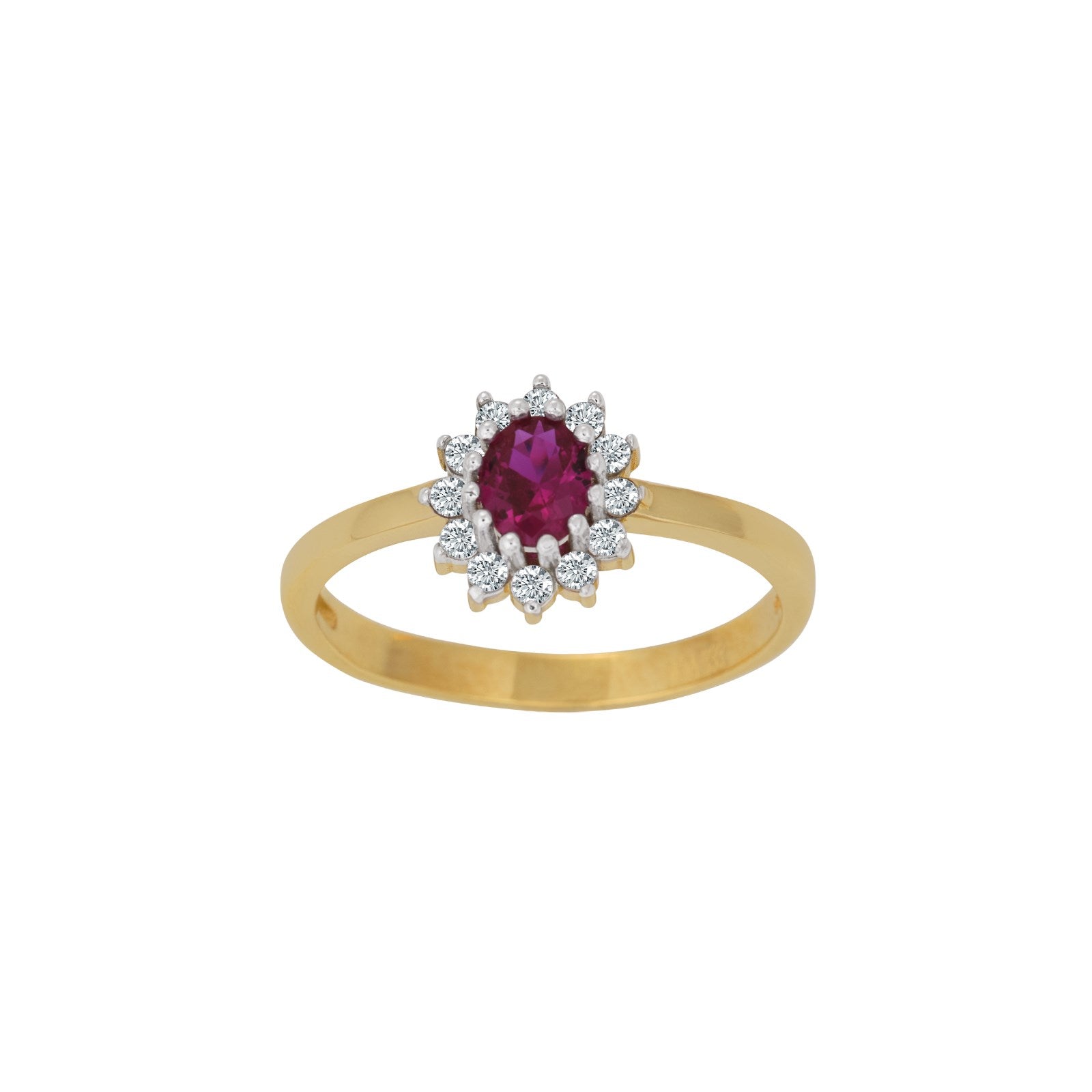 8ct. gold ring  w/synt. ruby and cz