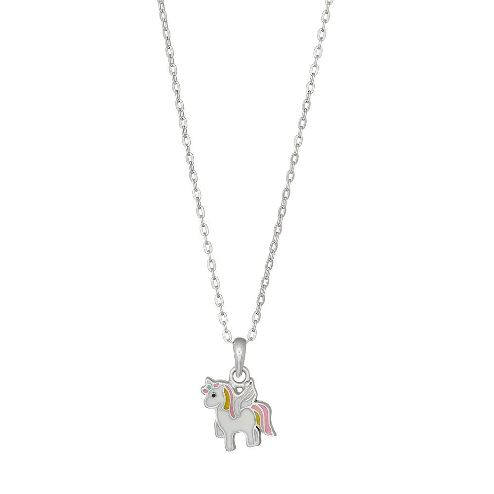 Rhod. silver pendant unicorn w/enamel incl. cha