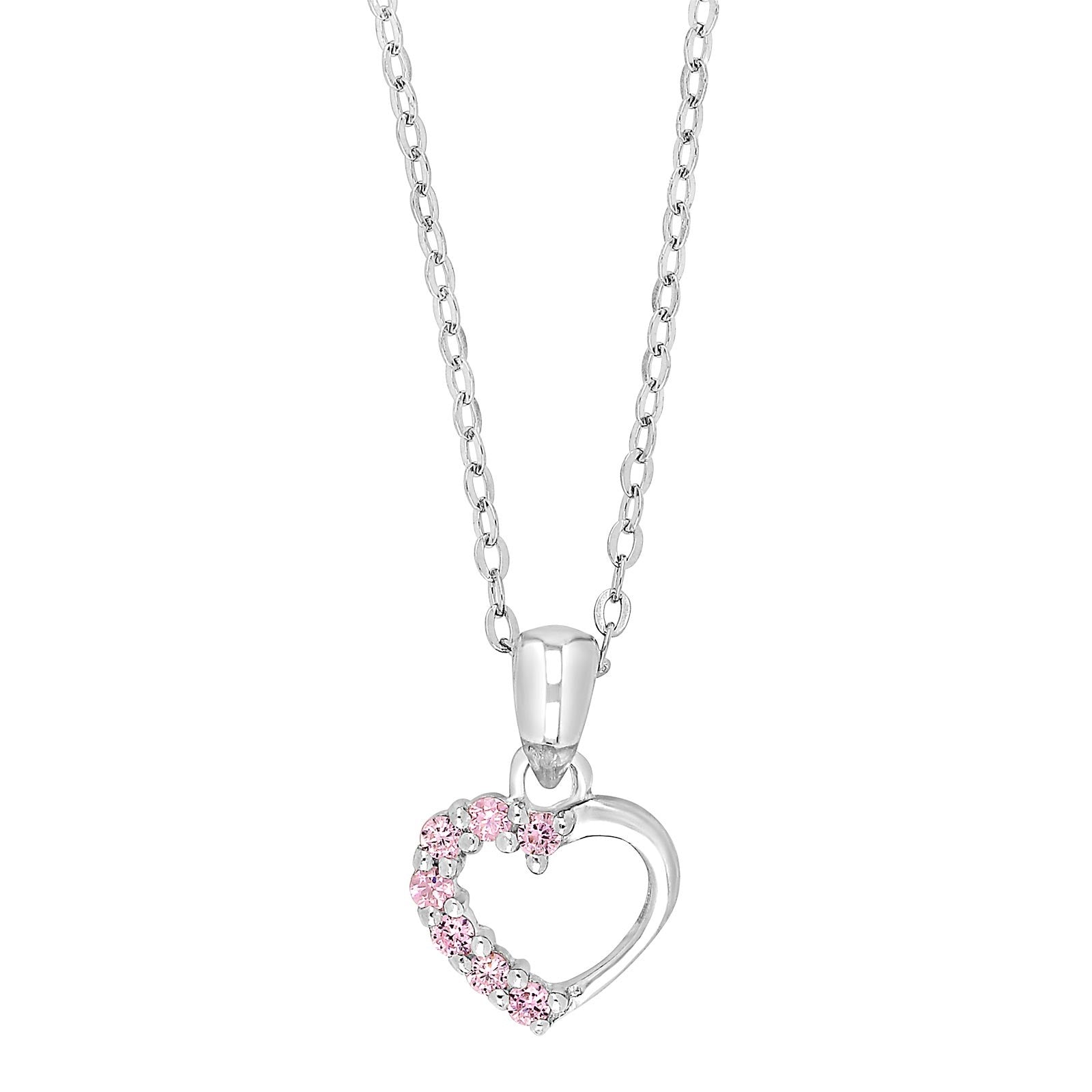 Rhod. silver pendant heart w/pink cz incl. chain