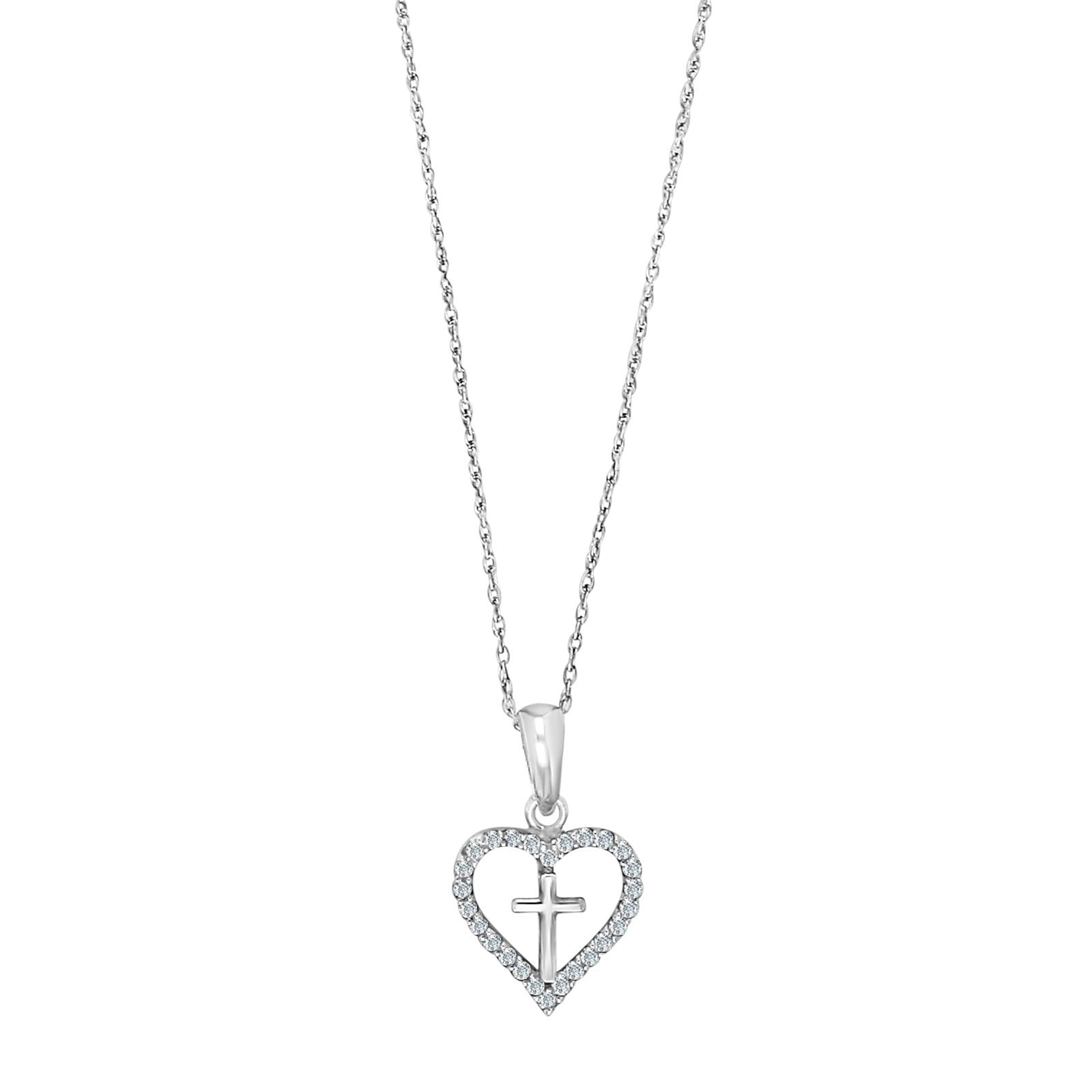 Rhod. silver pendant heart w/cross and cz