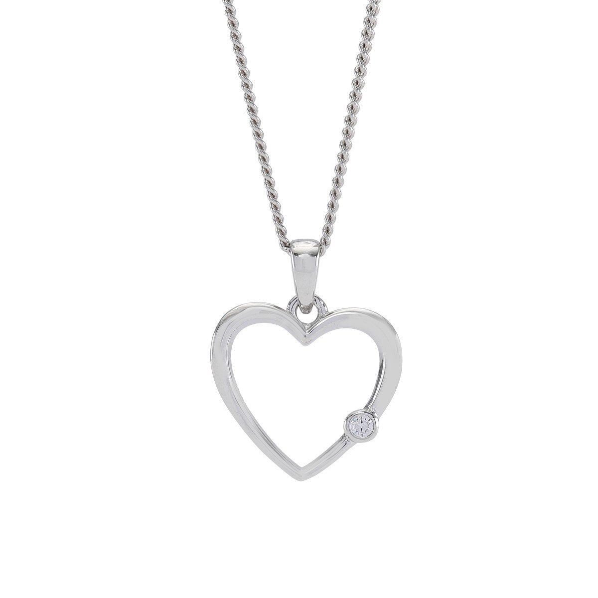 Rhod. silver necklace heart 16mm with 1 zirconia