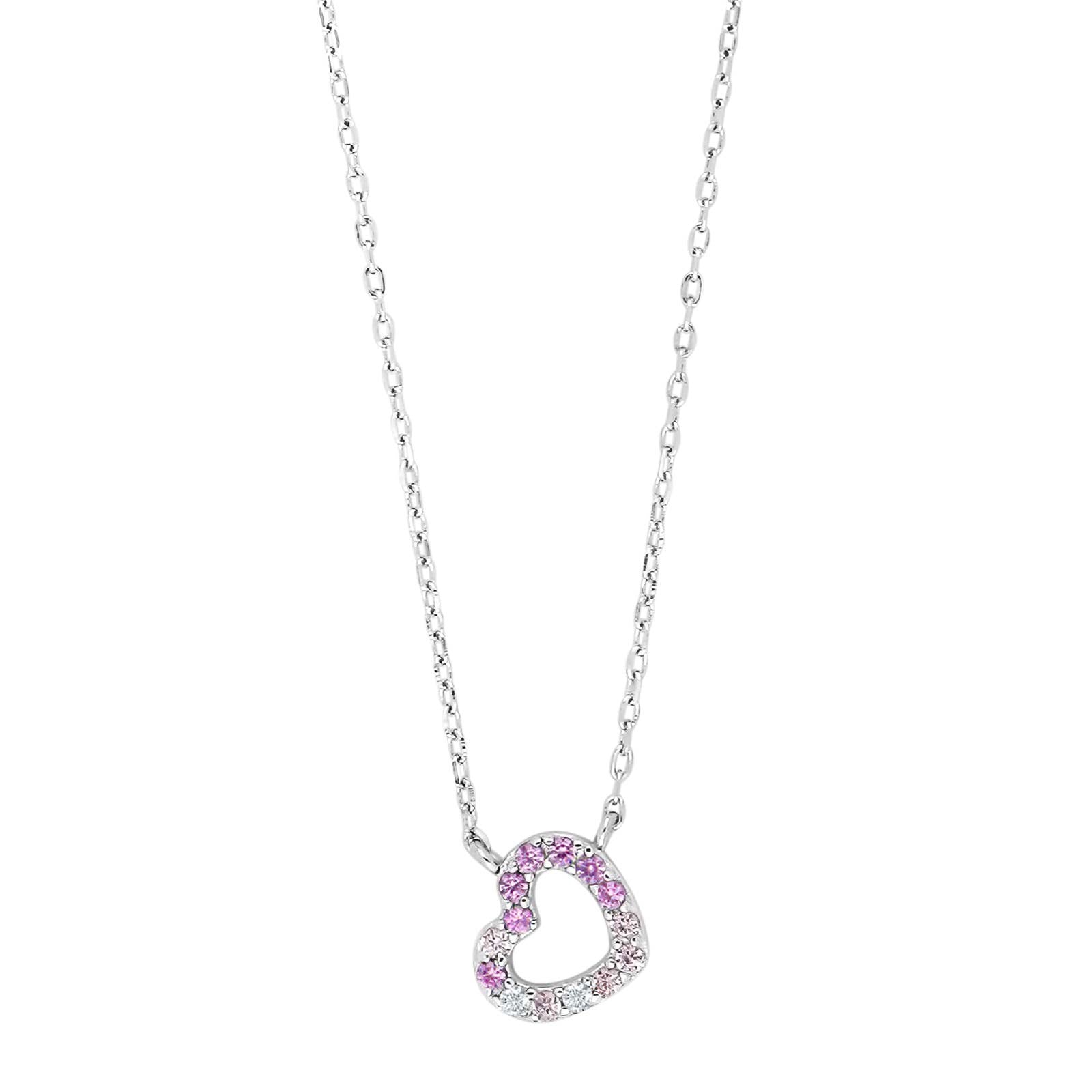Rhod. silver necklace heart w/multi colored cz