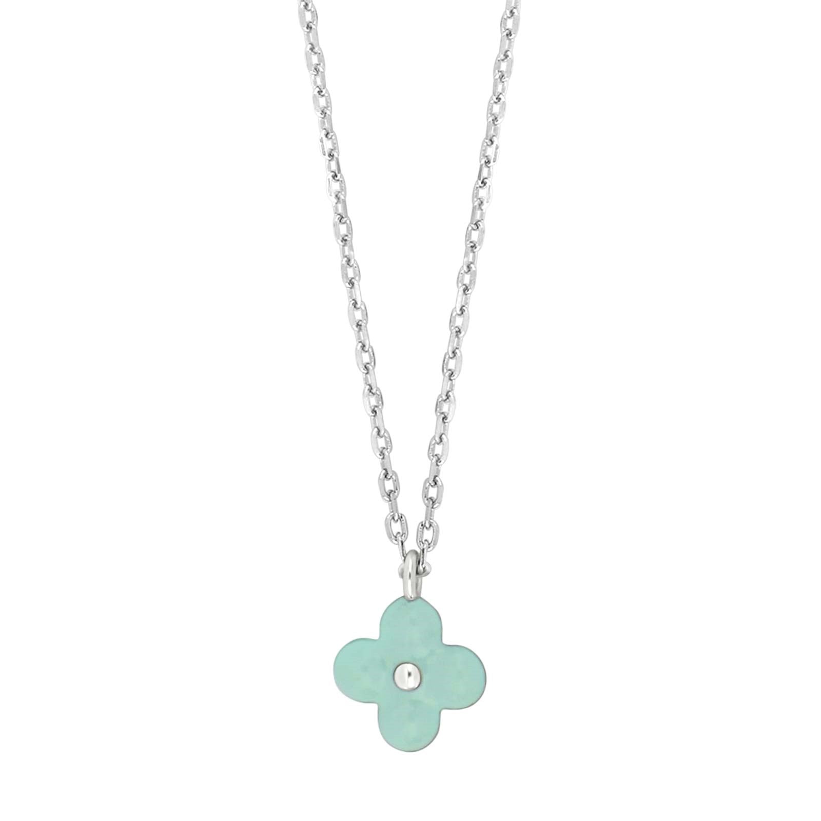 Rhod. silver necklace flower w/green enamel