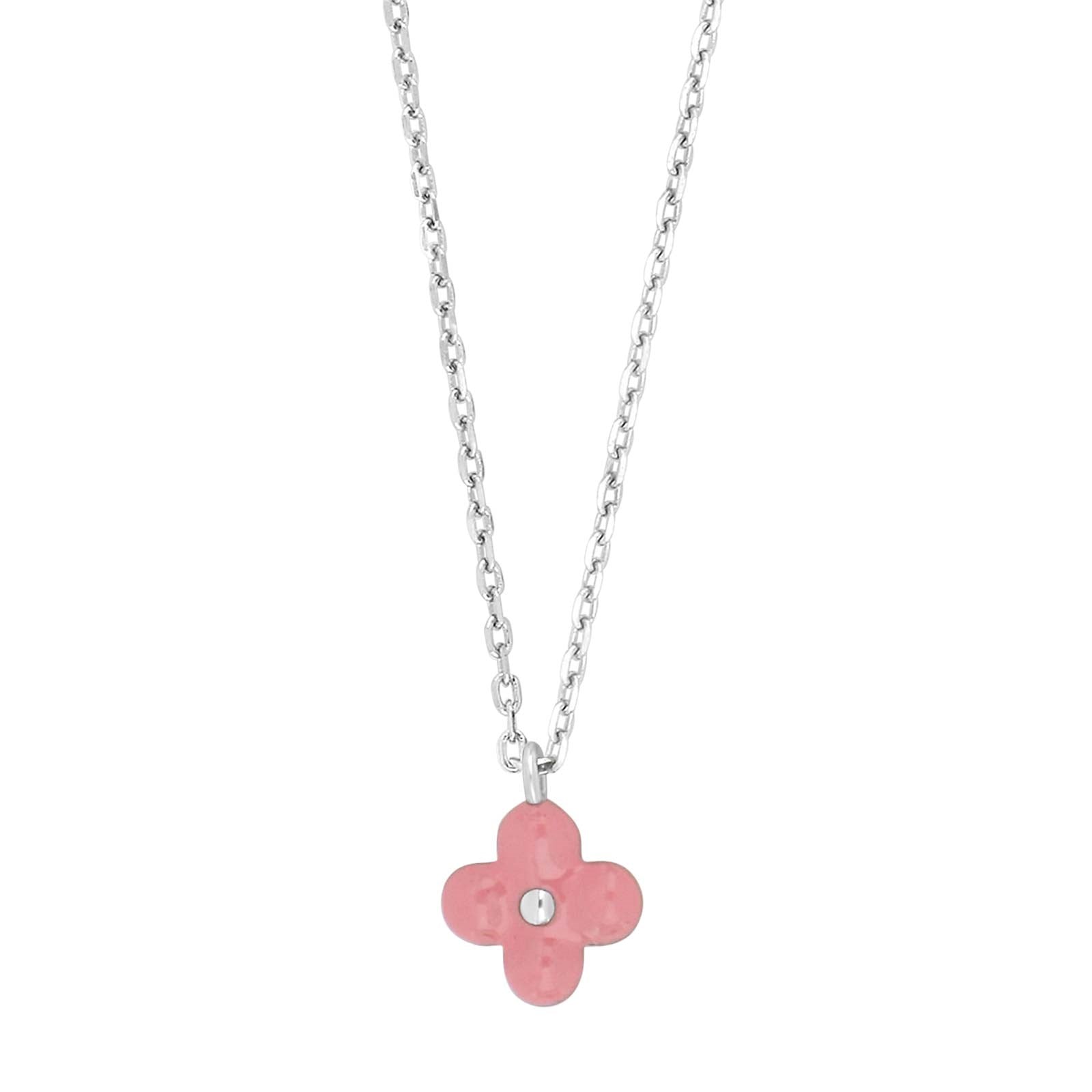 Rhod. silver necklace flower w/pink enamel