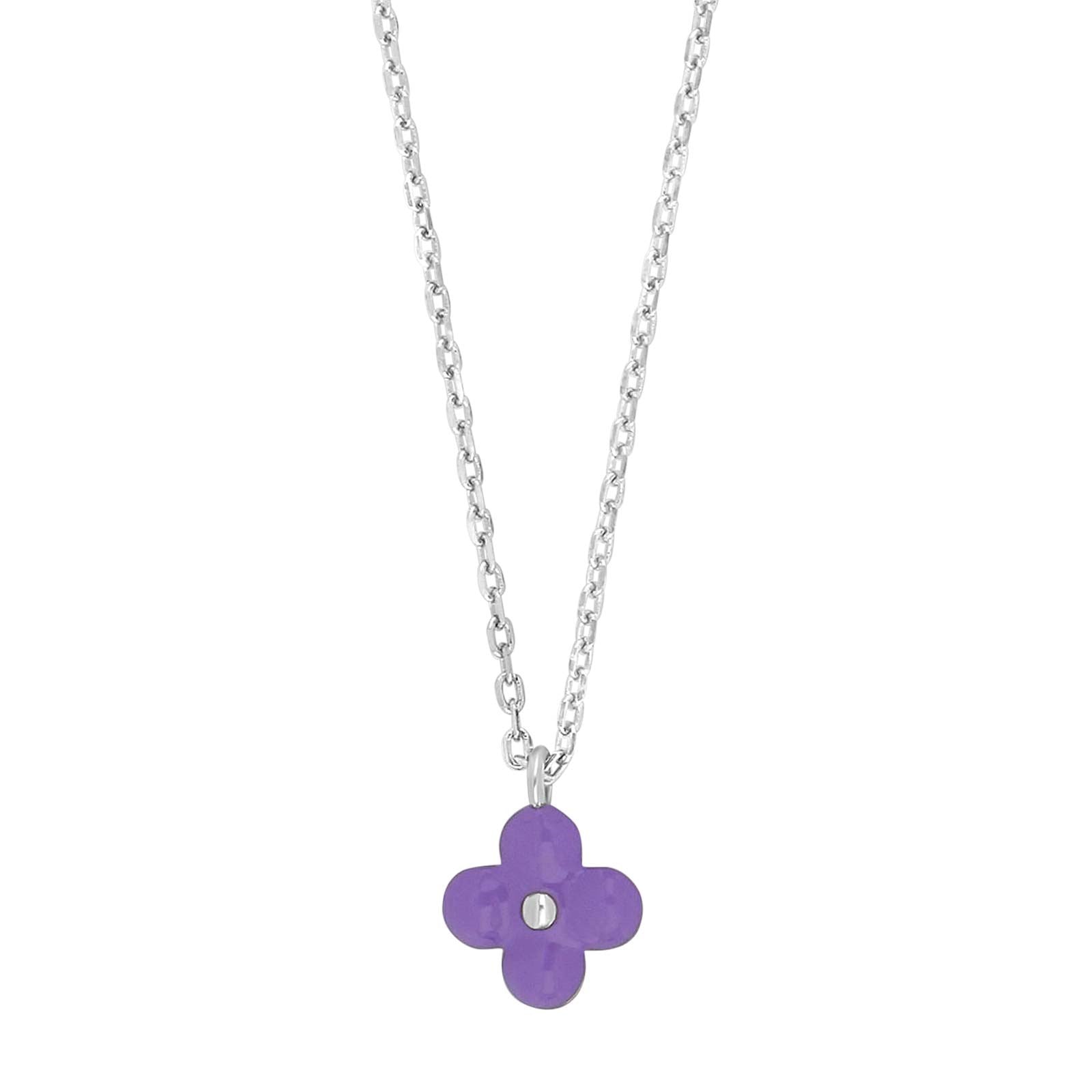 Rhod. silver necklace flower w/purple enamel