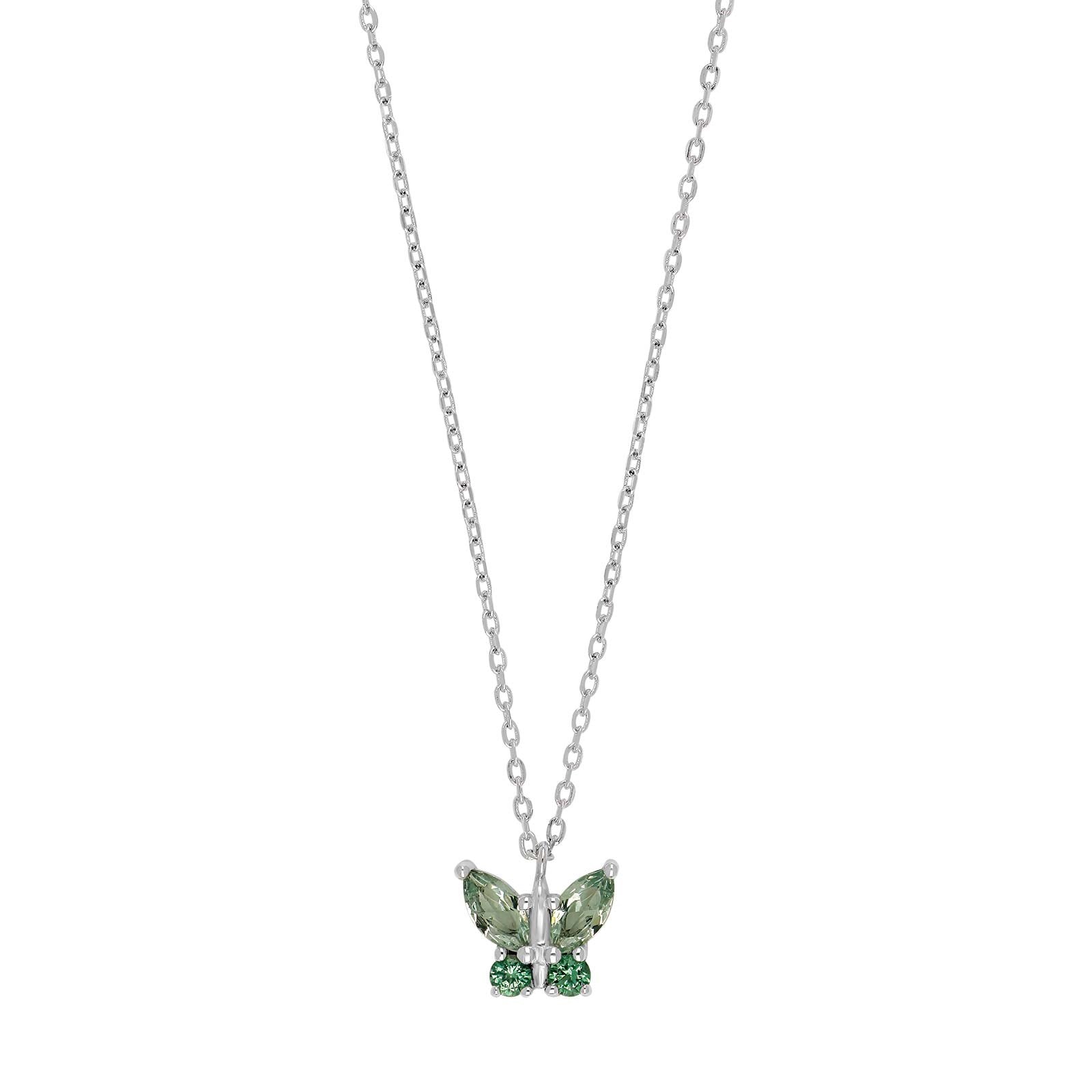 Rhd. silver necklace butterfly w. green cz