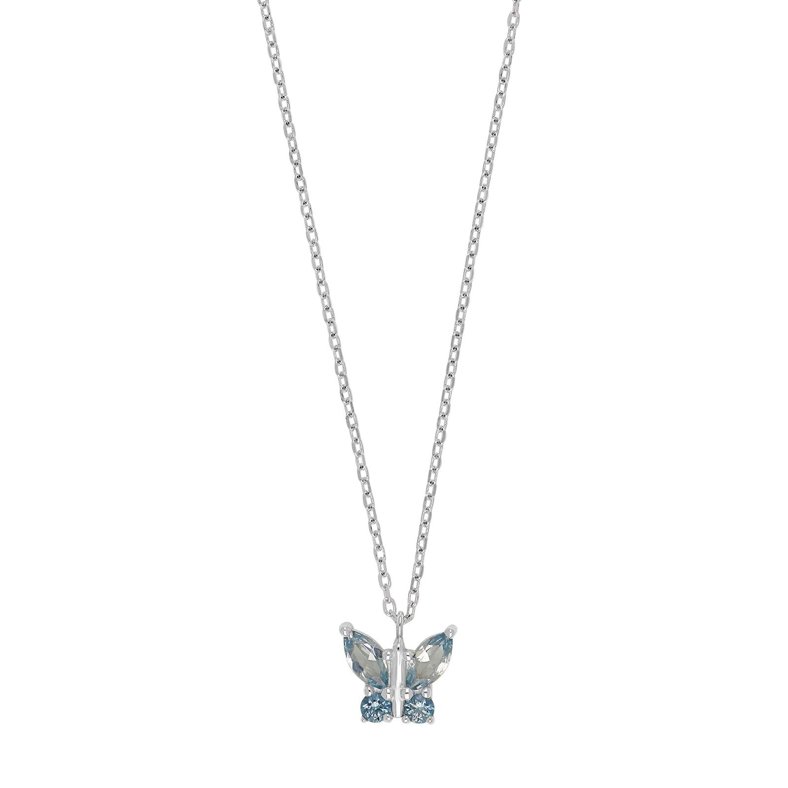 Rhd. silver necklace butterfly w. blue cz