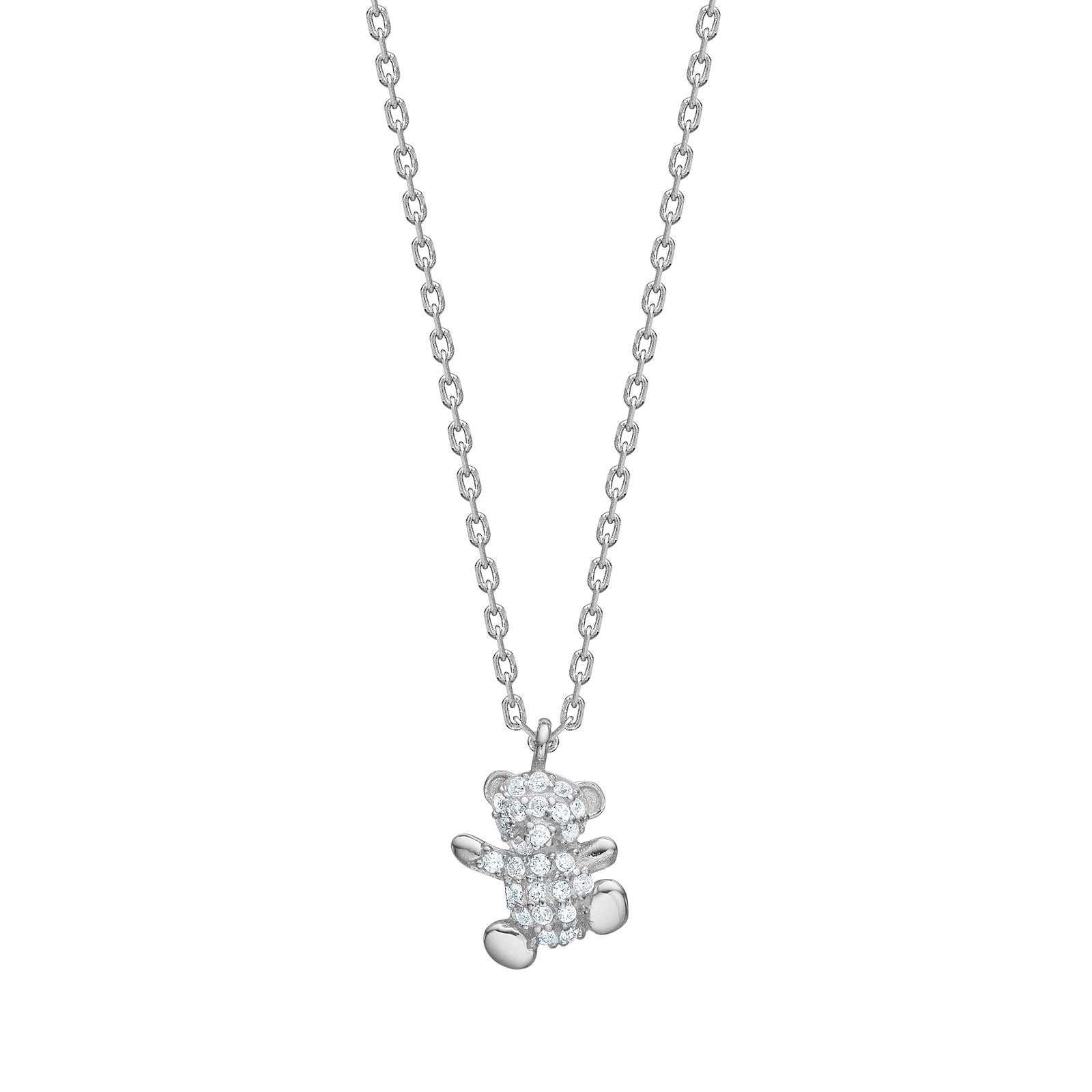 Rhod. silver necklace teddy bear w/cz