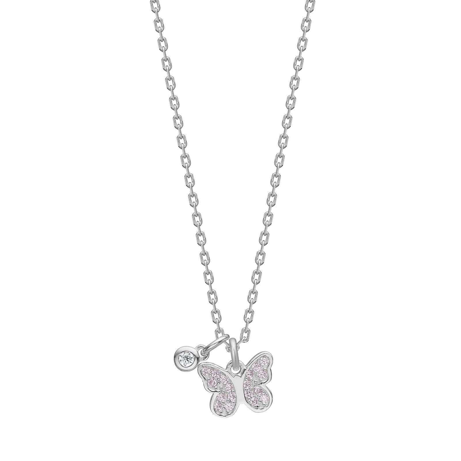 Rhod. silver necklace butterfly w. pink cz
