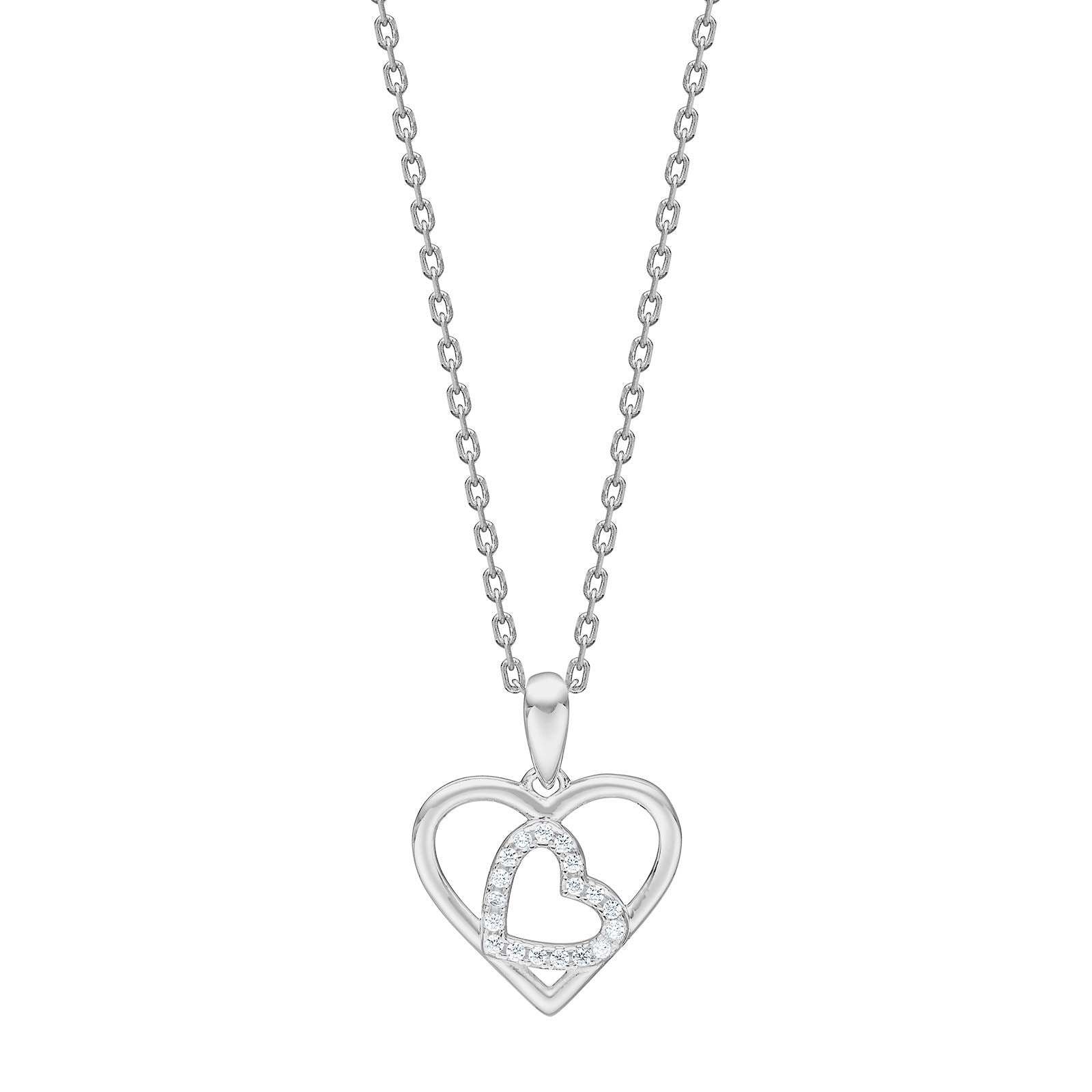 Rhod. silver necklace heart w/cz - RiveraNor