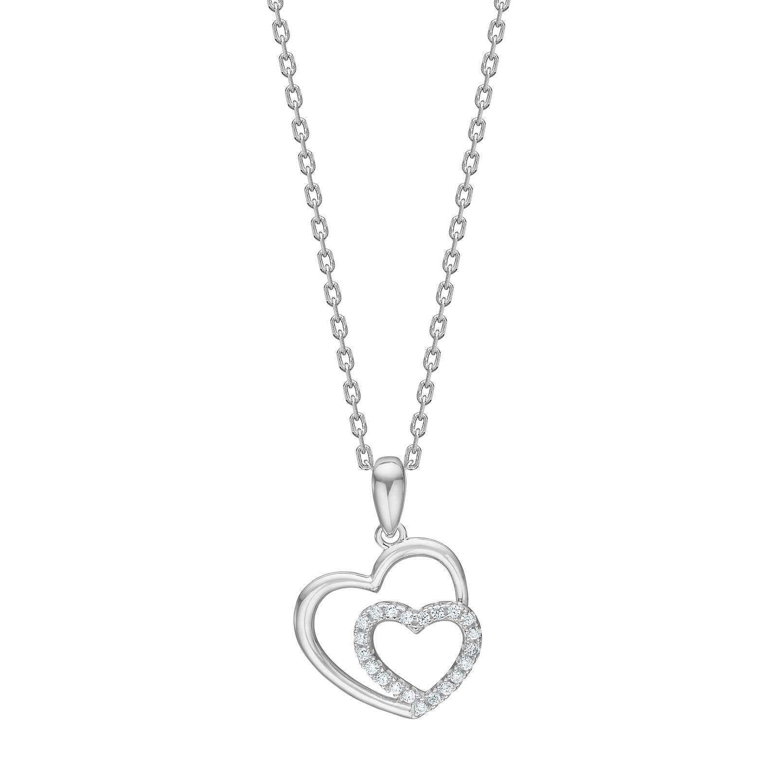 Rhod. silver necklace heart w/cz - RiveraNor