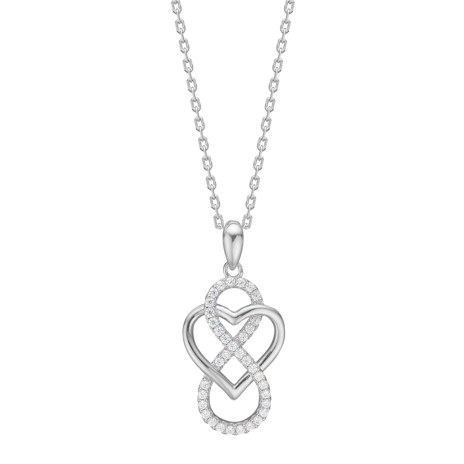 Rhod. silver necklace heart/angel w/cz - RiveraNor