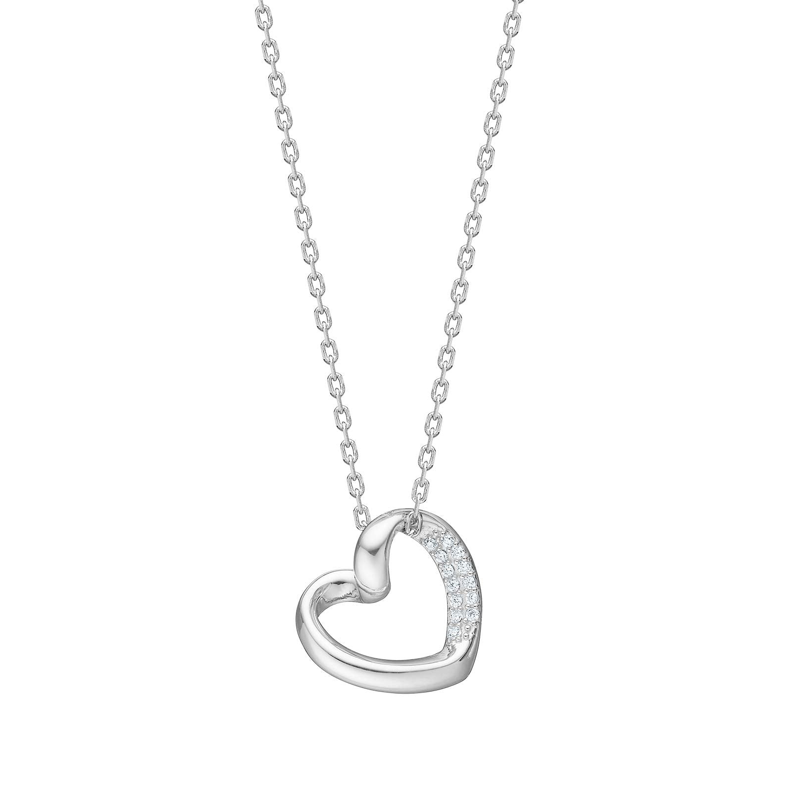 Rhod. silver necklace heart w/cz - RiveraNor