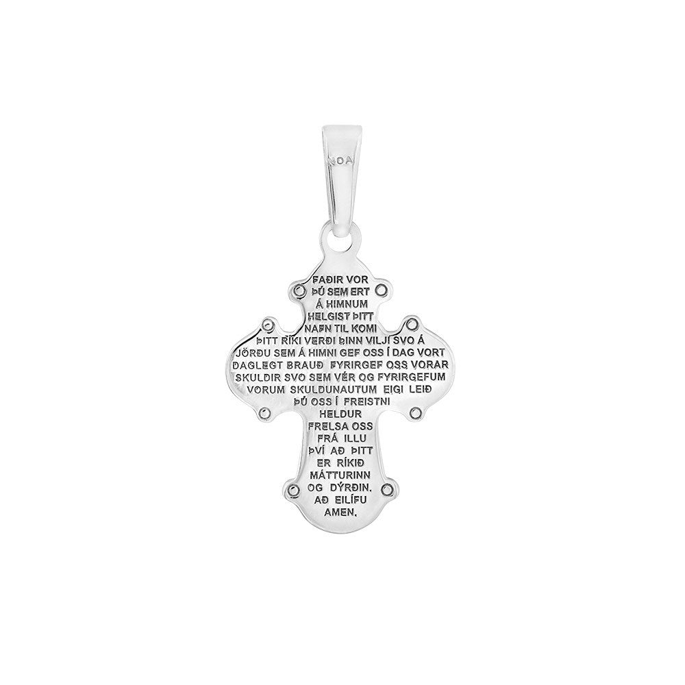 Rhod. sølvdagmarkors m/islandsk fadervor 24mm