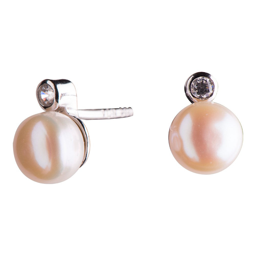 Silver ear studs w. freshwater pearl and cz