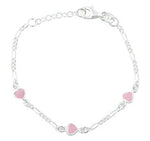 Rhod. silver bracelet w/3 hearts w/pink enamel