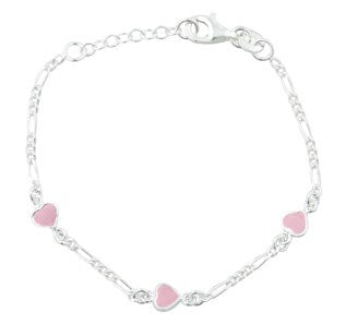 Rhod. silver bracelet w/3 hearts w/pink enamel