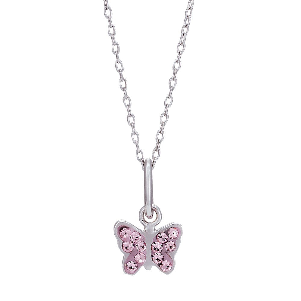 Rhod. silver necklace butterfly w/pink cz