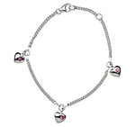 Rhod. silver bracelet w/3 hearts