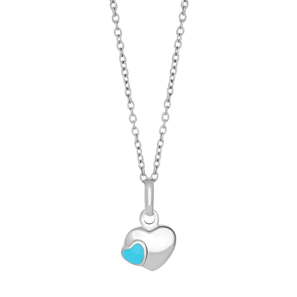 Rhod. silver necklace heart w/light blue enamel