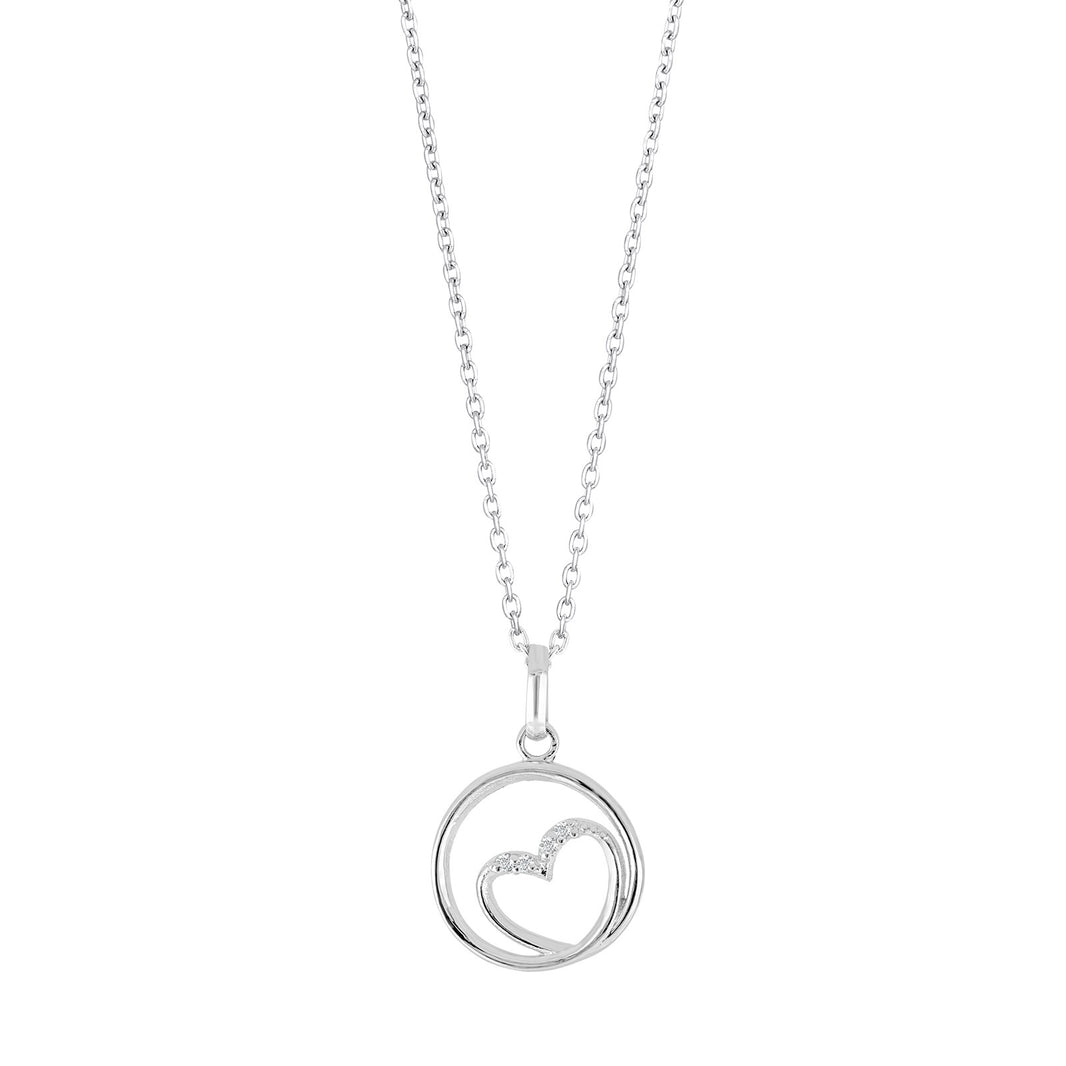 Rhod. silver necklace circle w/heart and cz
