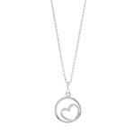 Rhod. silver necklace circle w/heart and cz