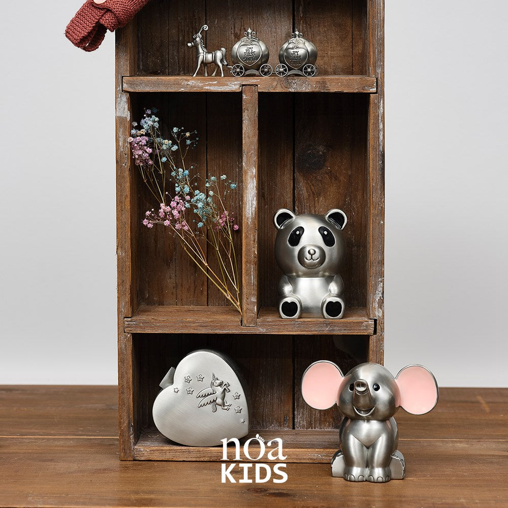 Pewter plated money bank elephant with pink ears