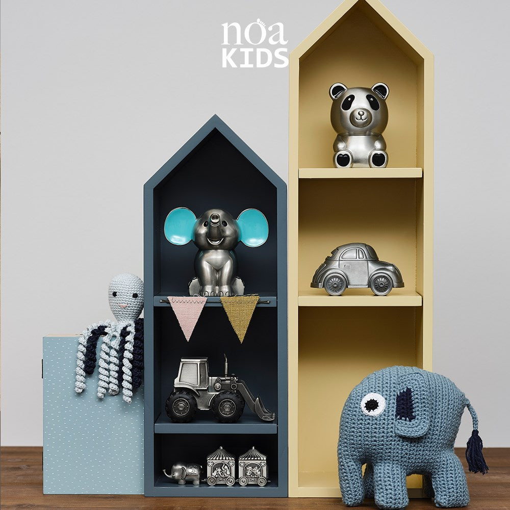 Pewter plated money bank elephant with blue ears