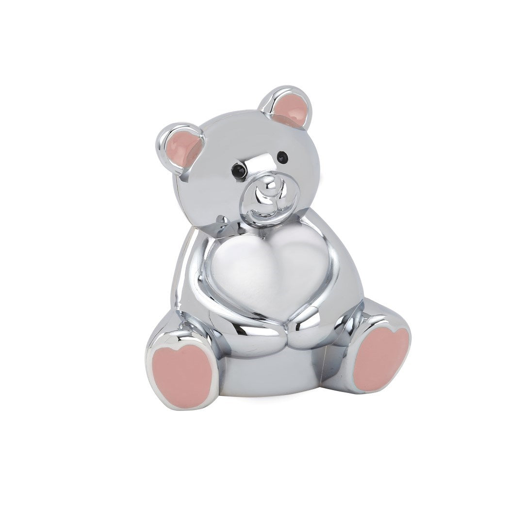 Chromeplated Teddu bear with Pink ears money box