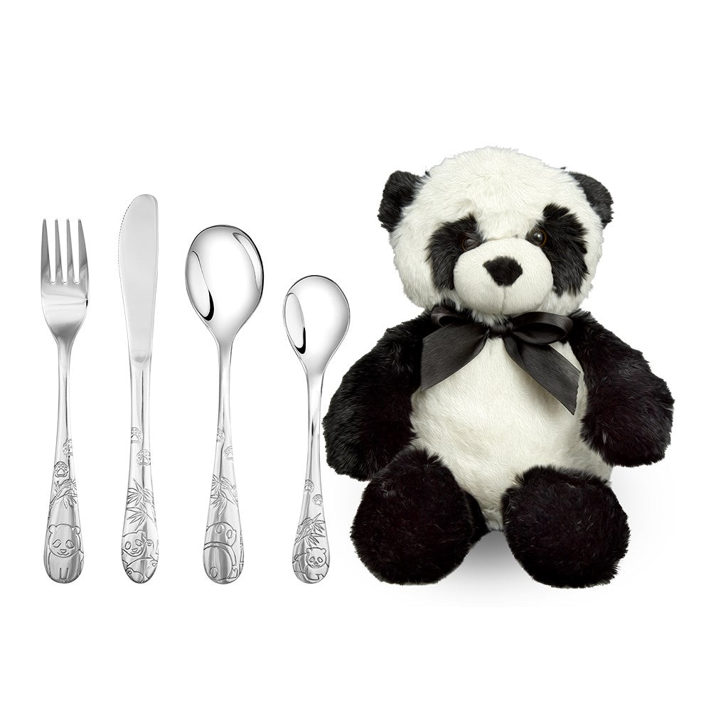 Rustfrit stål bestik m. panda inkl. bamse