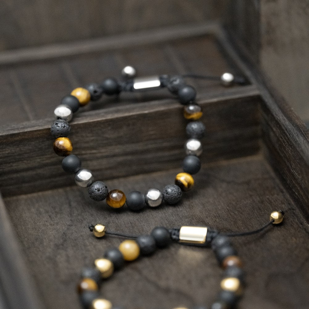 SON Armband schwarz agate/lava/Tigerauge m.Stahl