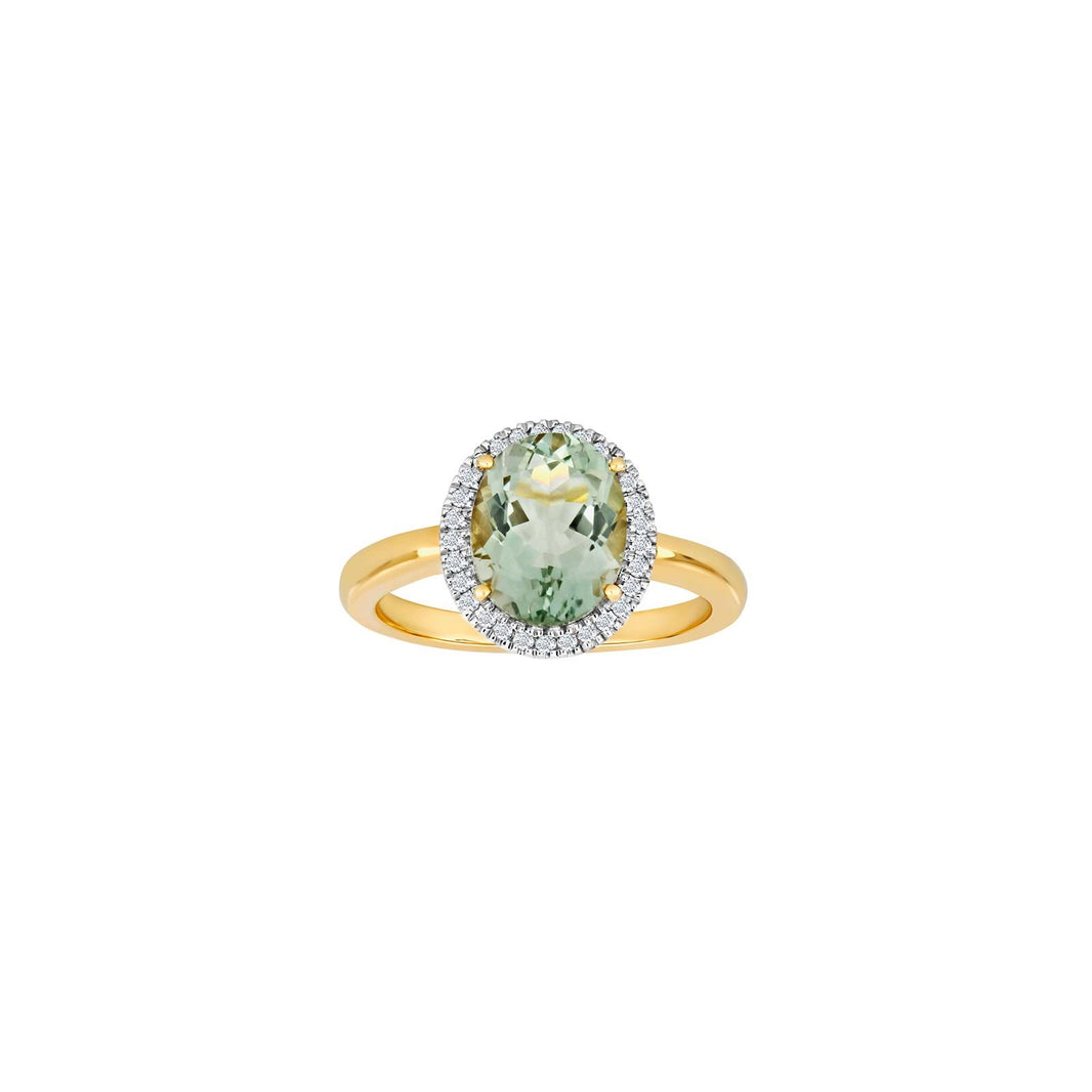 14kt. guldring roset m/dia 0.12ctW/SI+grøn ametyst