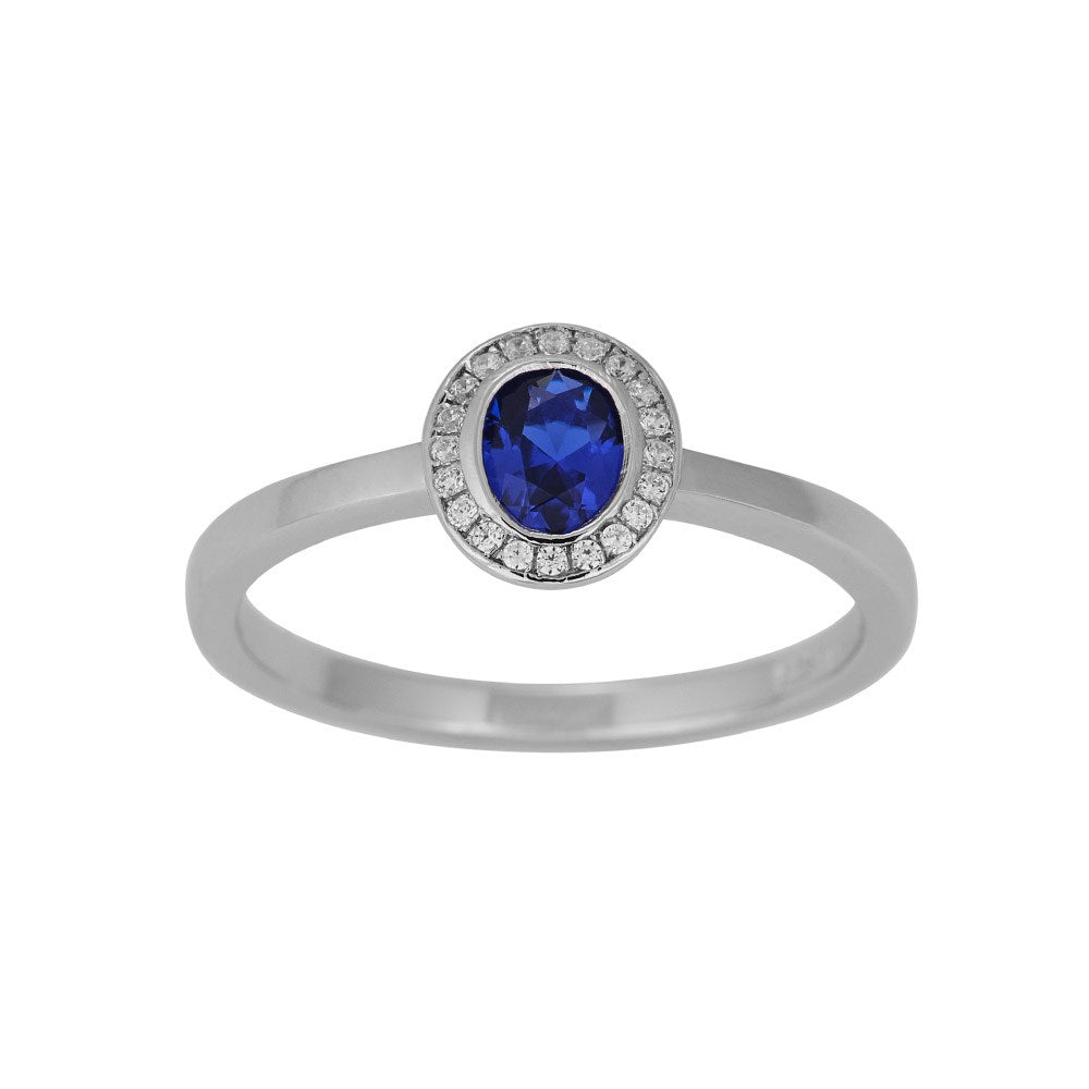 Rh. Sølv roset ring  synt. 4x5mm Safir + cz