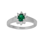 Rh. Sølv roset ring m. synt. Smaragd og cz