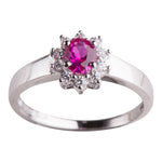 Rod. Silver rosette ring w. synt. ruby and cz.