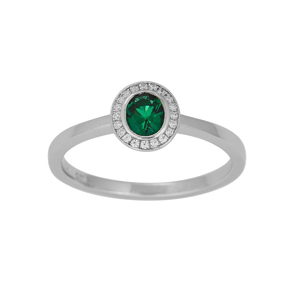 Rh. Silber Rosettenring synthetisch. 4x 5mm Smaragd+cz - Rhodiniert / 60