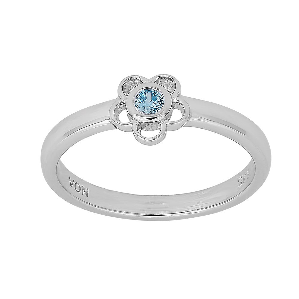 Silberner Kinderring Blume mit hellblauem Zirkonia