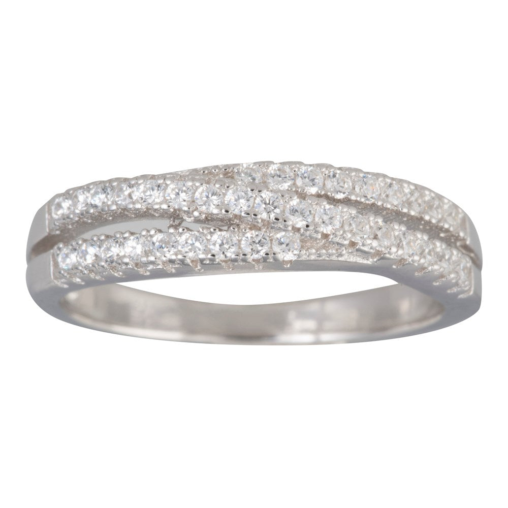 Silberner rhd. Ring mit drei Reihen Zirkonia. - Rhodiniert / 52