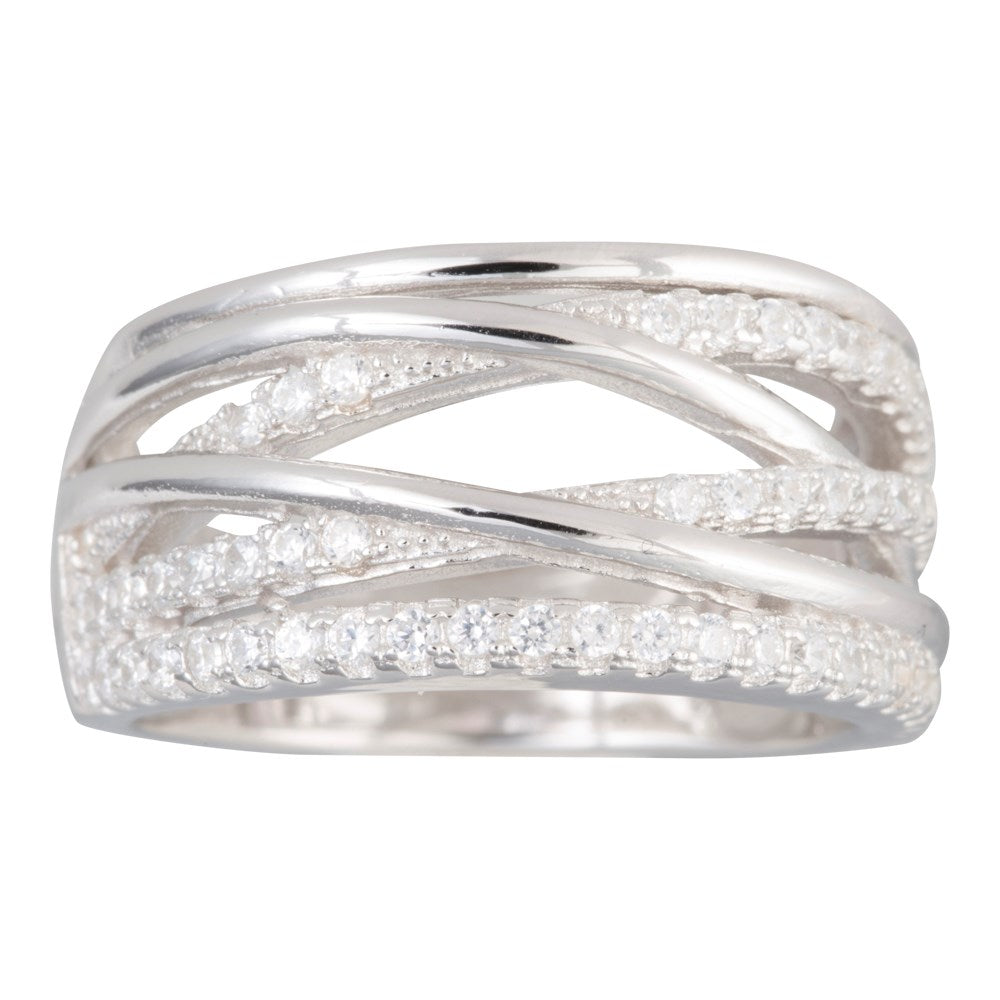 Silberner rhd. Ring mit drei Reihen Zirkonia. - Rhodiniert / 56
