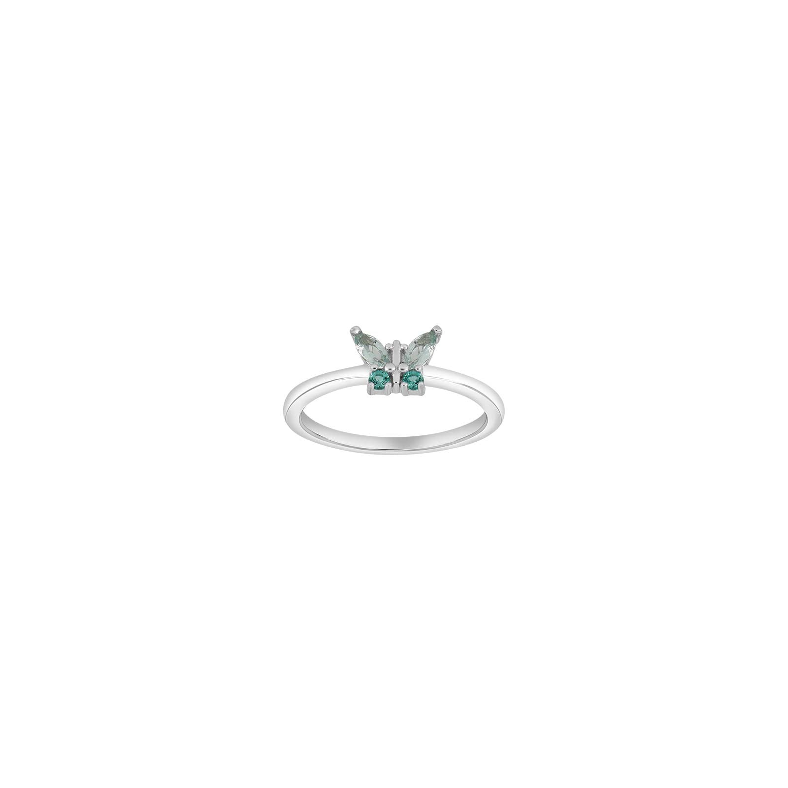 Rhd. silver ring w. butterfly green cz