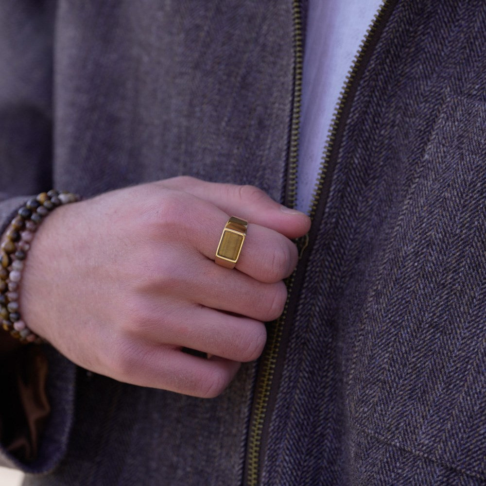 SON steel ring with yellow tiger eye - Gold-plated stainless steel / 70