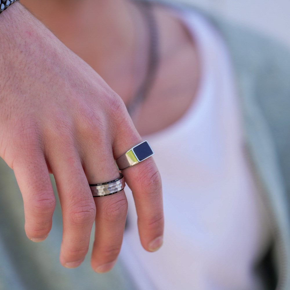 SON steel ring with black agate - Gold-plated stainless steel / 70
