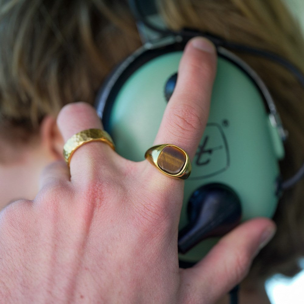 SON steel ring with yellow tiger eye - Gold-plated stainless steel / 70