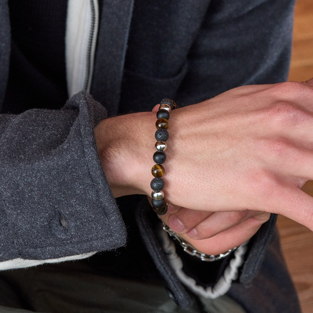 SON Armband schwarz agate/lava/Tigerauge m.Stahl