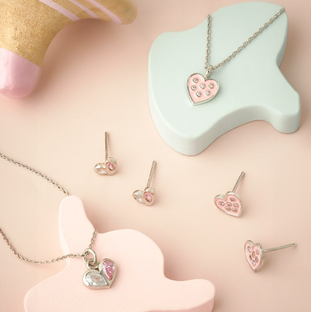 Rhd. silver necklace heart w. pink enamel