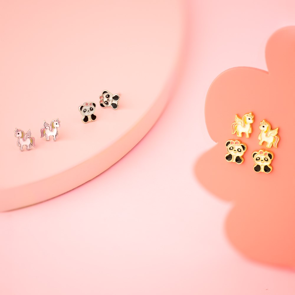 Silver ear studs unicorn w/enamel