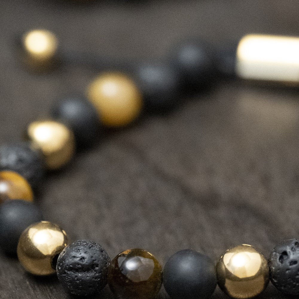 SON Armband schwarz agate/lava/Tigerauge IP gold