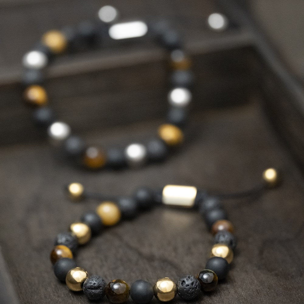 SON Armband schwarz agate/lava/Tigerauge IP gold
